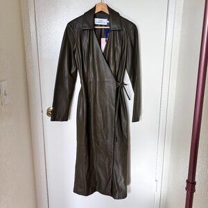 NWT Studio Fantastique Polly Faux Leather Wrap Midi Dress In Khaki Green FLAWED 